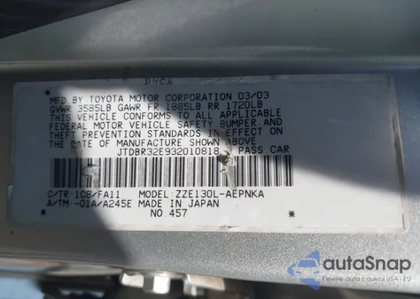 2003 Toyota Corolla Le из США, поврежденный, VIN JTDBR32E932010818